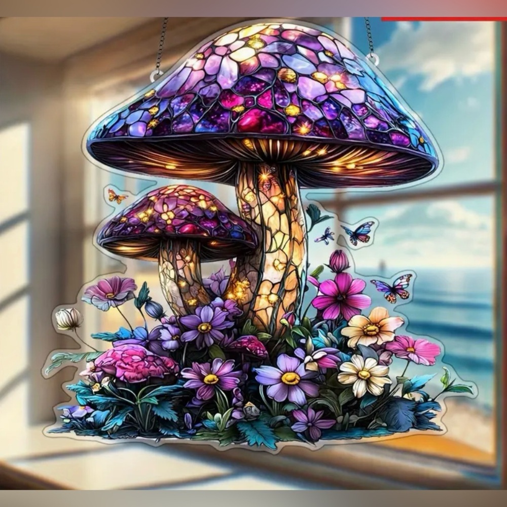 Mushroom Purple Mosaic Look 2D Flat Acrylic Window Hanging New